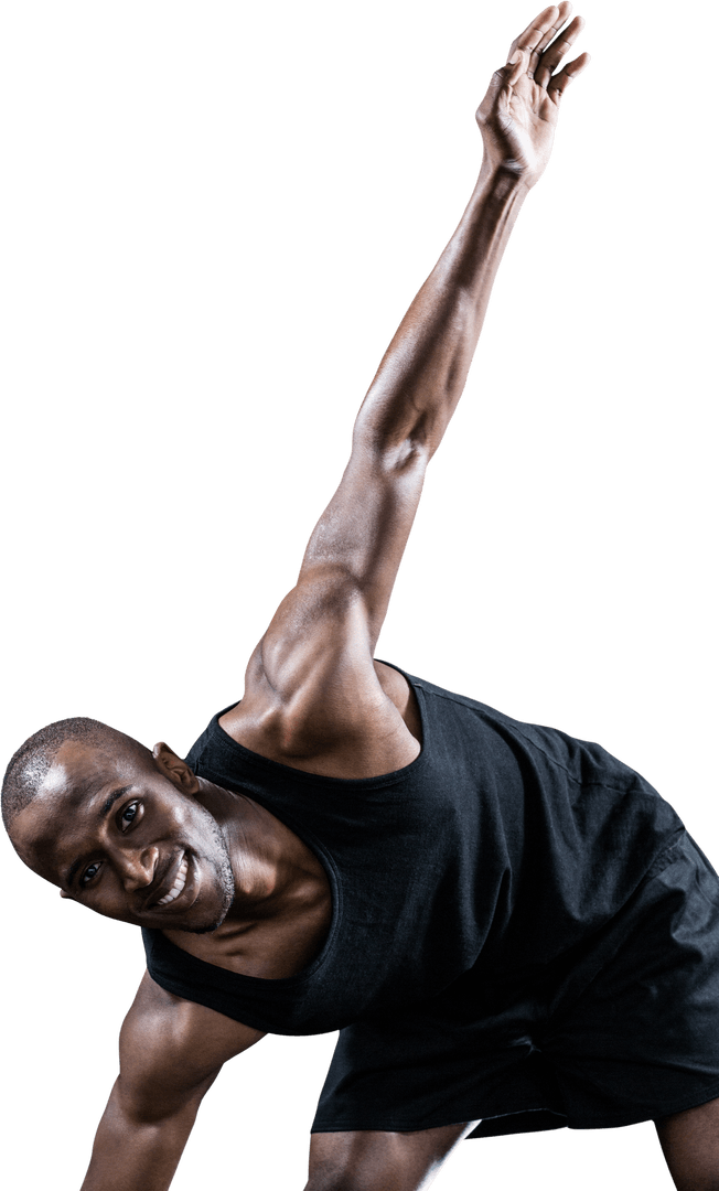 Transparent athletic man smiling while stretching before workout