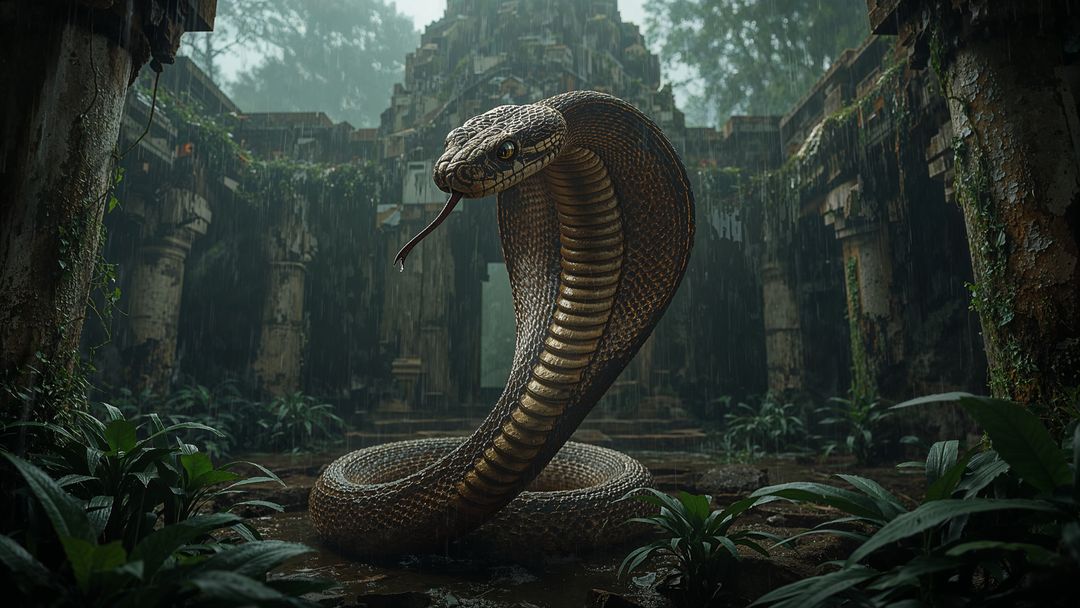 Majestic king cobra in overgrown ancient temple
