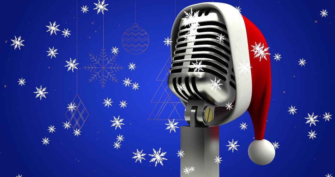 Vintage Microphone with Santa Hat on Winter Background