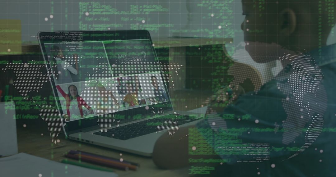 Child Engaging in Online Learning at Home with Digital Interface Overlay