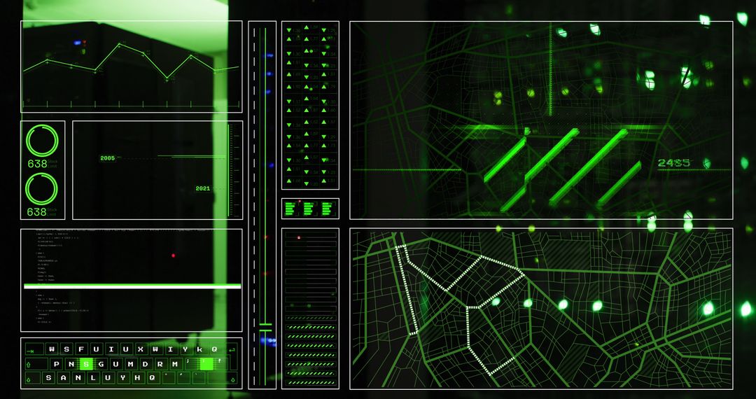 Digital Interface Panels Showing Data Analytics in Server Room
