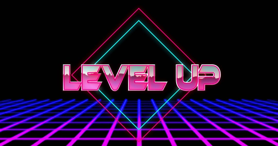 Retro Neon Level Up Text on Futuristic Grid