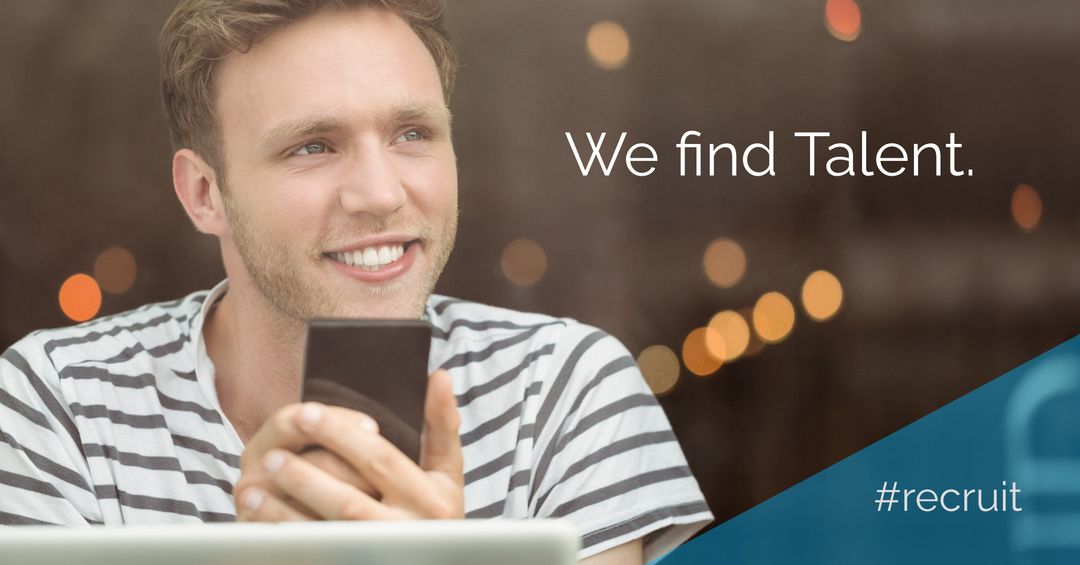 Smiling Man with Smartphone Promoting Talent Acquisition