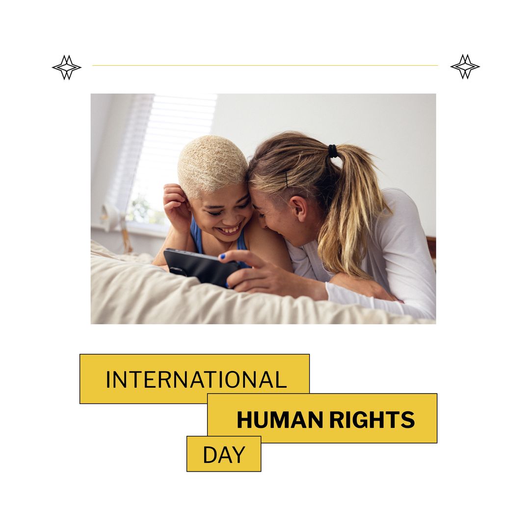 Multiracial lesbian couple with cellphone lying on bed and international human rights day text - Download Free Stock Templates Pikwizard.com