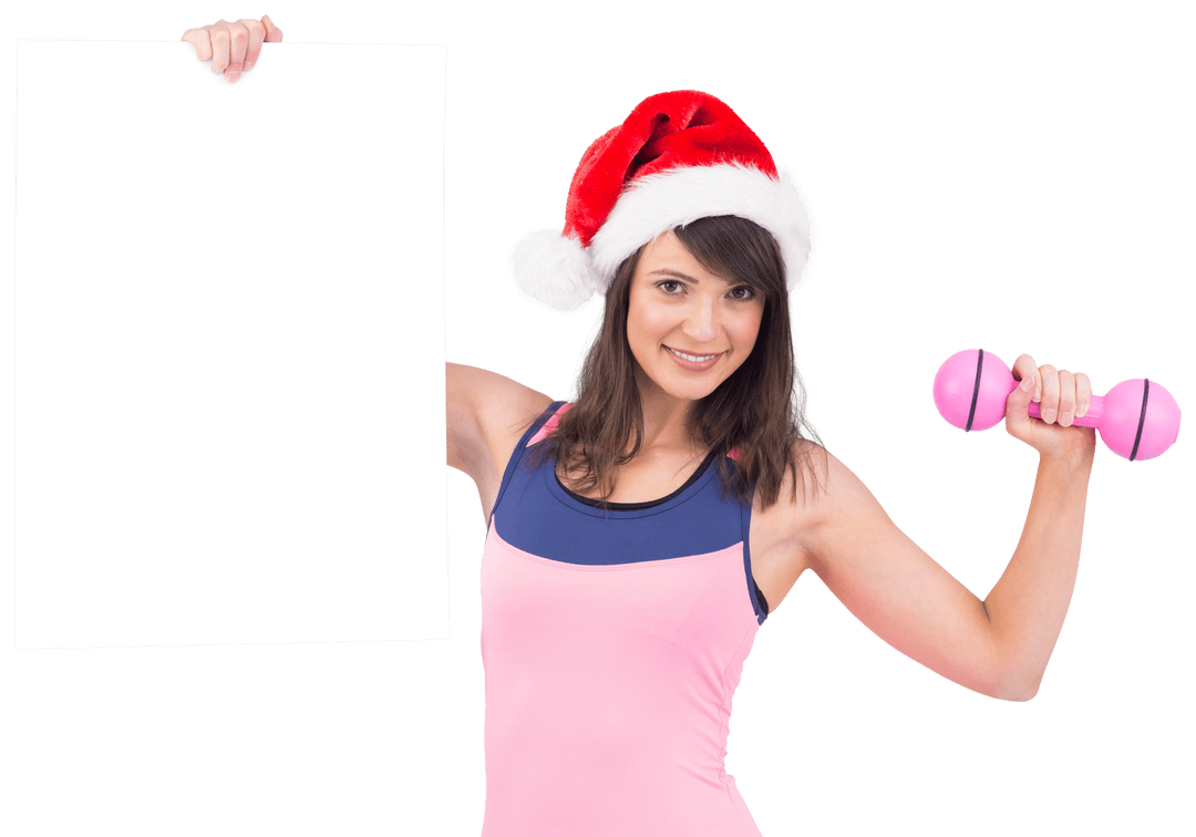 Festive Brunette Wearing Santa Hat with Dumbbell and Blank Poster Transparent Background