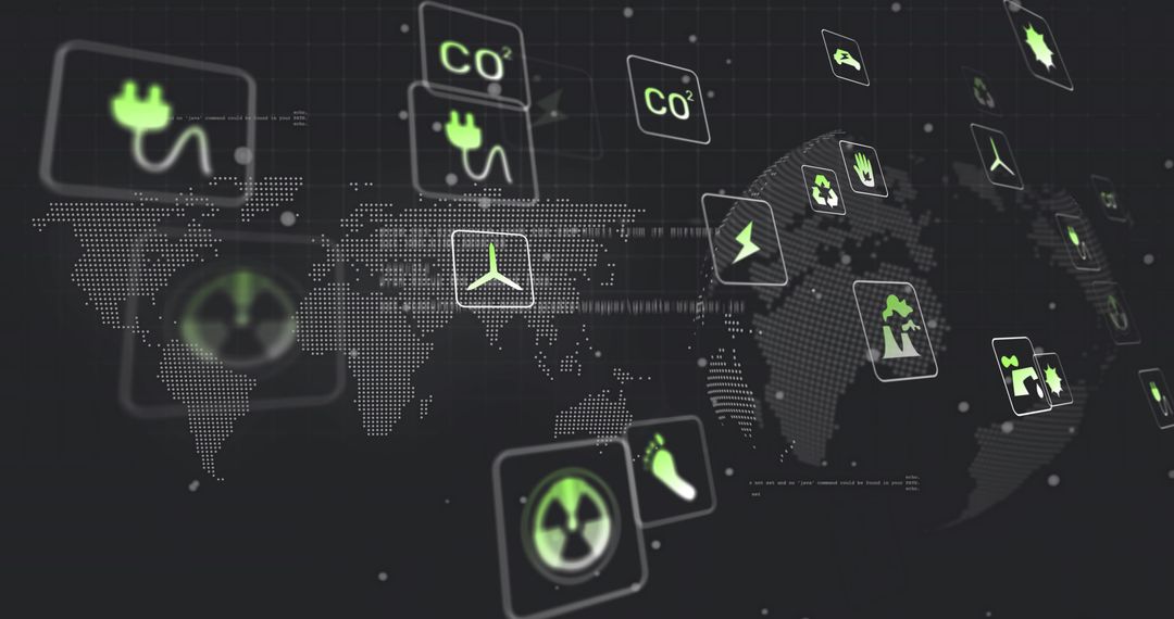Futuristic global energy dashboard showing dotted world map with floating neon power icons