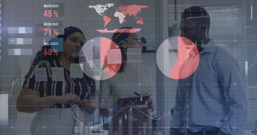 Diverse Team Collaborating in Modern Digital Office with Financial Data Overlay