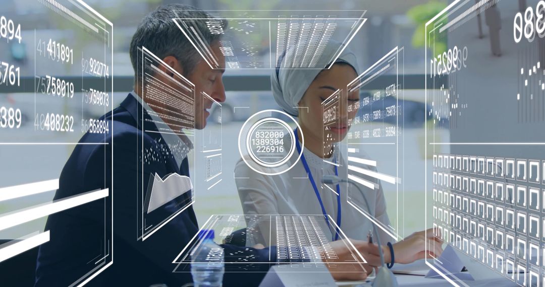 Colleagues Reviewing Documents with Digital Technology Overlay