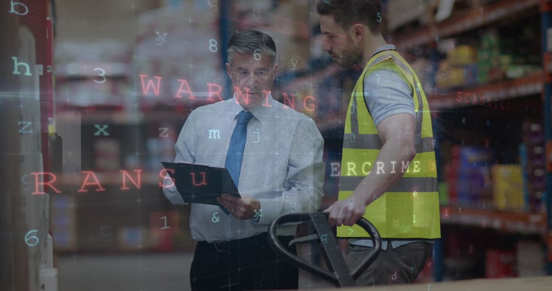 Warehouse Supervisor and Worker Discussing Inventory with Technology and Security Element