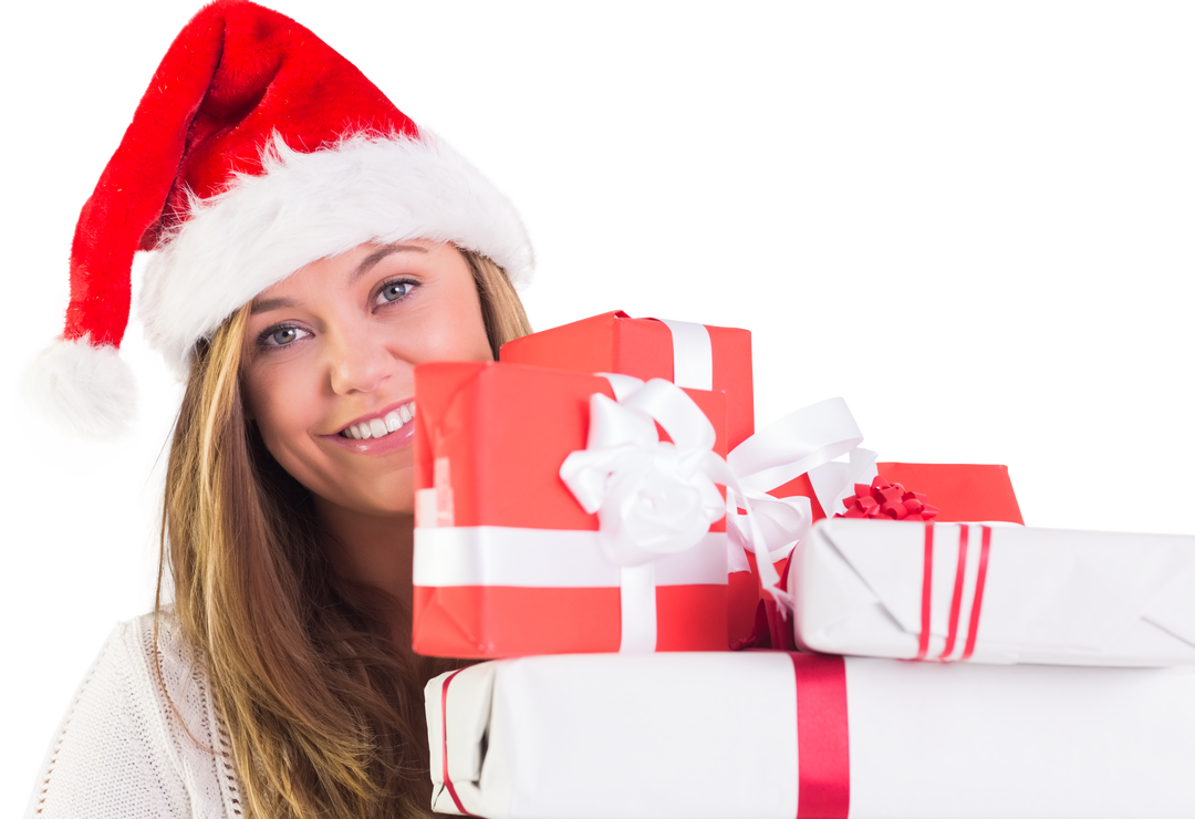 Smiling Woman in Santa Hat Holding Holiday Gifts with Transparent Background - Download Free Stock Images Pikwizard.com