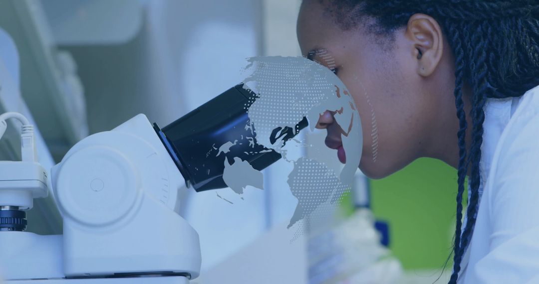 Scientist Examining Sample with Microscope and World Map Overlay