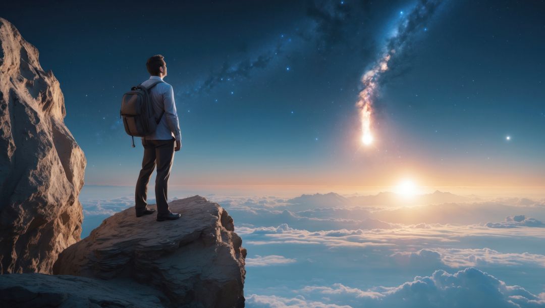 Astrophysicist explorer overlooks surreal sky from mountain ledge