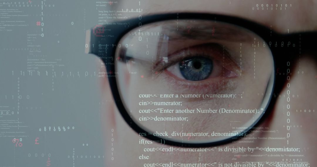 Focused Developer Analyzing Code Reflections Behind Glasses