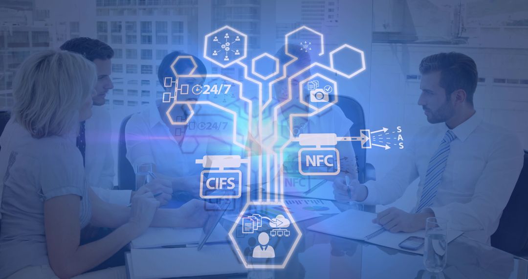 Business Team Discussing Data Processing with Digital Interface