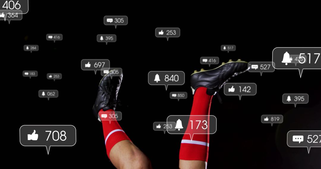 Soccer player kicking in red socks with floating social media notifications and engagement