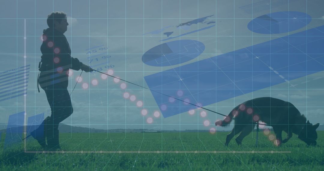 Senior Woman Walking Dog in Field with Data Overlay