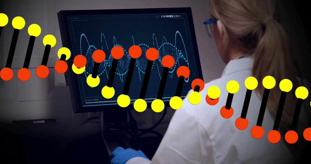 Scientist Analyzing DNA Data on Computer Screen in Modern Laboratory