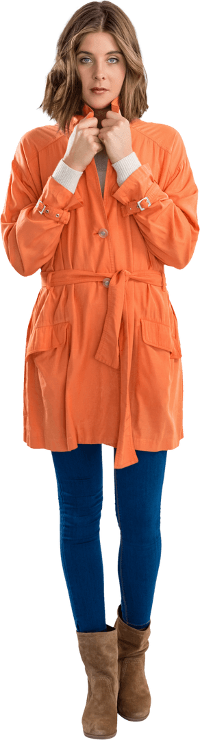 Transparent Stylish Woman in Orange Coat and Boot Outfit