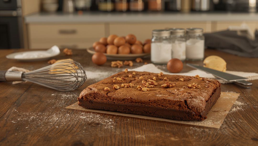 Fudgy Walnut Brownie on Rustic Wooden Table with Whisk, Eggs and Baking Ingredients