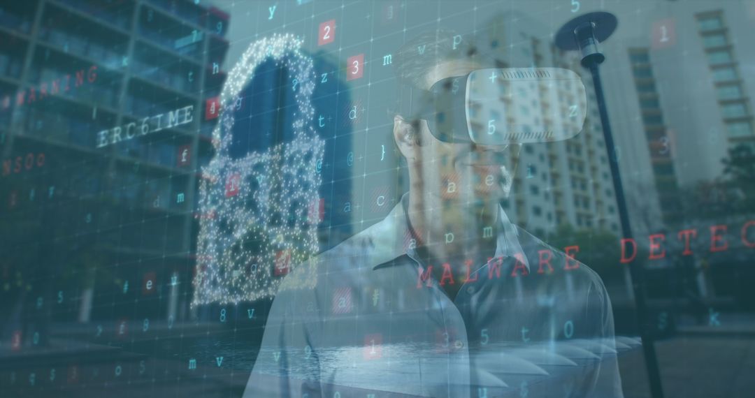 Man with VR Headset and Security Shield Illustrating Cybersecurity