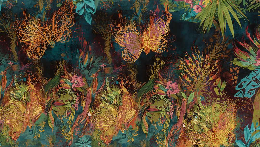 Colorful Butterflies with Tropical Leaves and Intricate Motifs