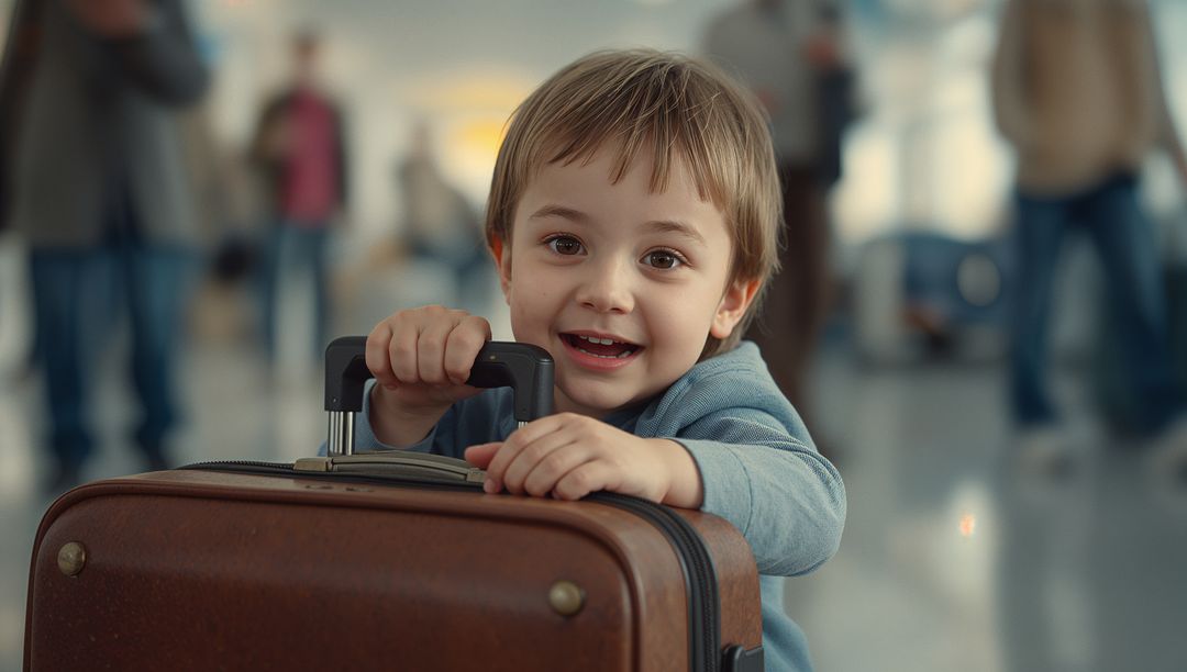 Joyful Toddler at Airport with Suitcase in Hands