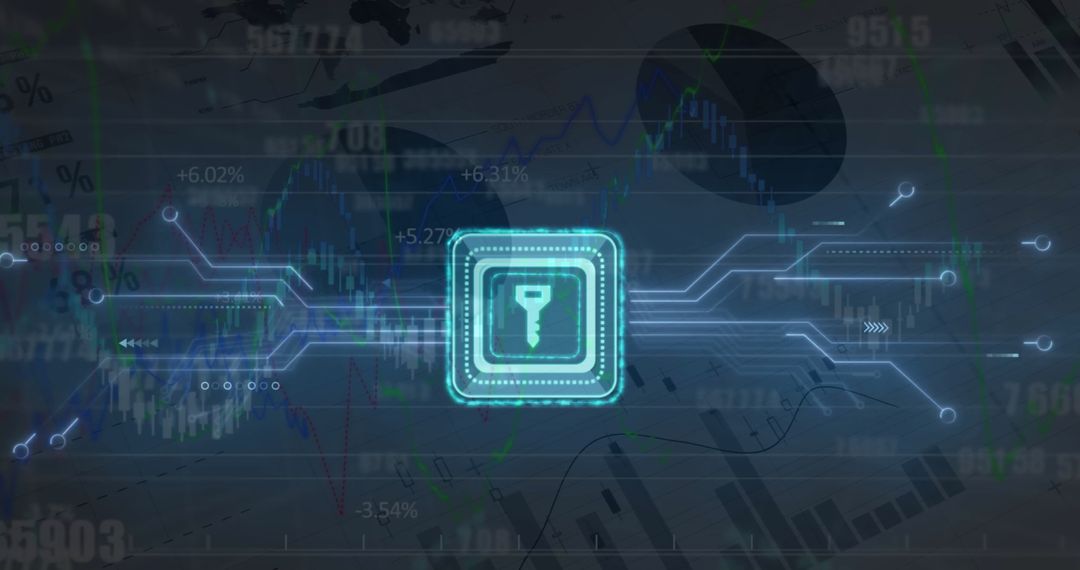 Digital key icon over circuit board and data processing visualization