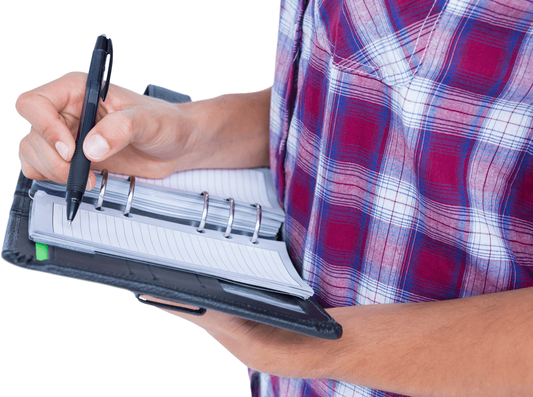 Woman Writing on Notebook in Casual Attire with Transparent Background
