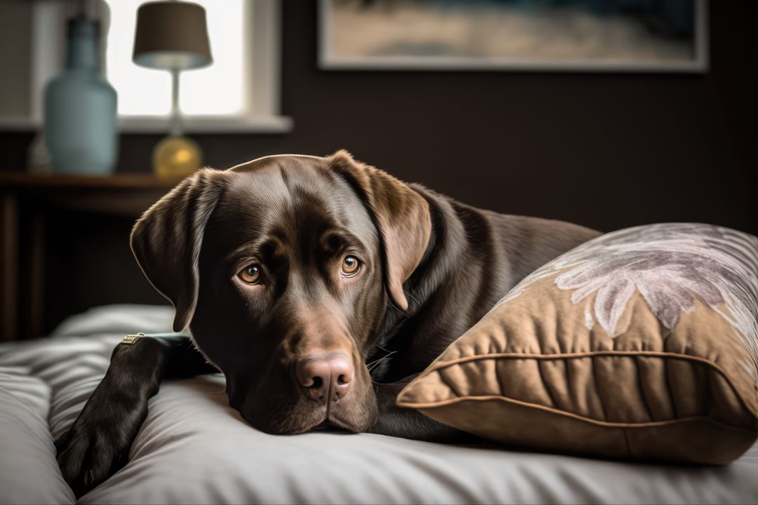 Chocolate Labrador Retriever Lying on Bed with Pillow in Cozy Bedroom - Free Images, Stock Photos and Pictures on Pikwizard.com