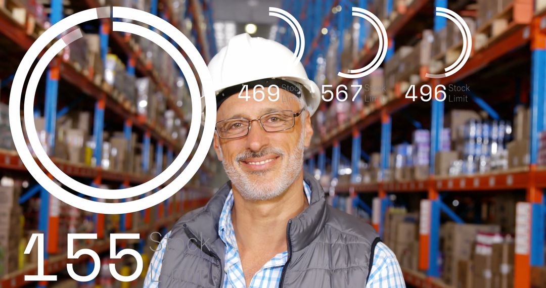 Warehouse Worker Analyzing Stock Data in Digital Interface