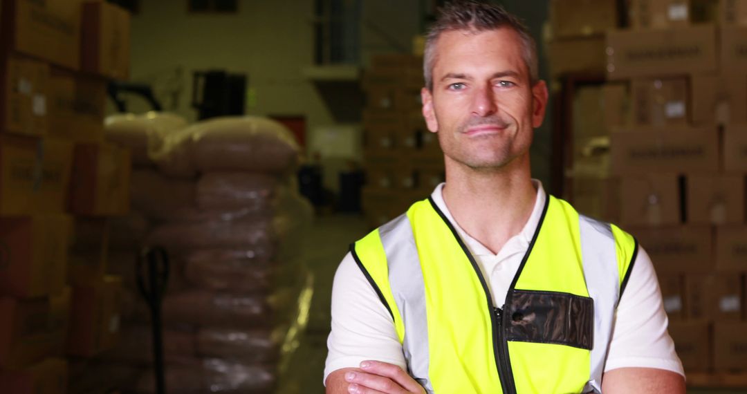 Confident Warehouse Manager in High-Visibility Vest Crossed Arms - Free Images, Stock Photos and Pictures on Pikwizard.com