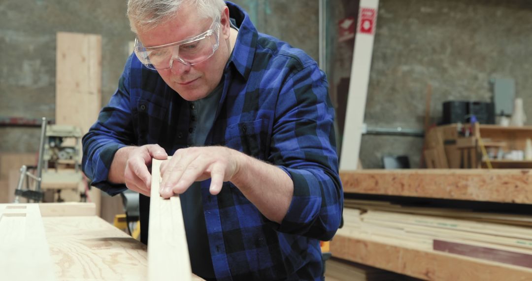 Experienced Carpenter Wearing Safety Glasses Focusing on Woodwork in Workshop - Free Images, Stock Photos and Pictures on Pikwizard.com