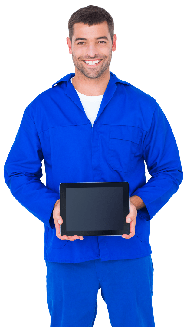 Transparent Background Mechanic Holding Digital Tablet
