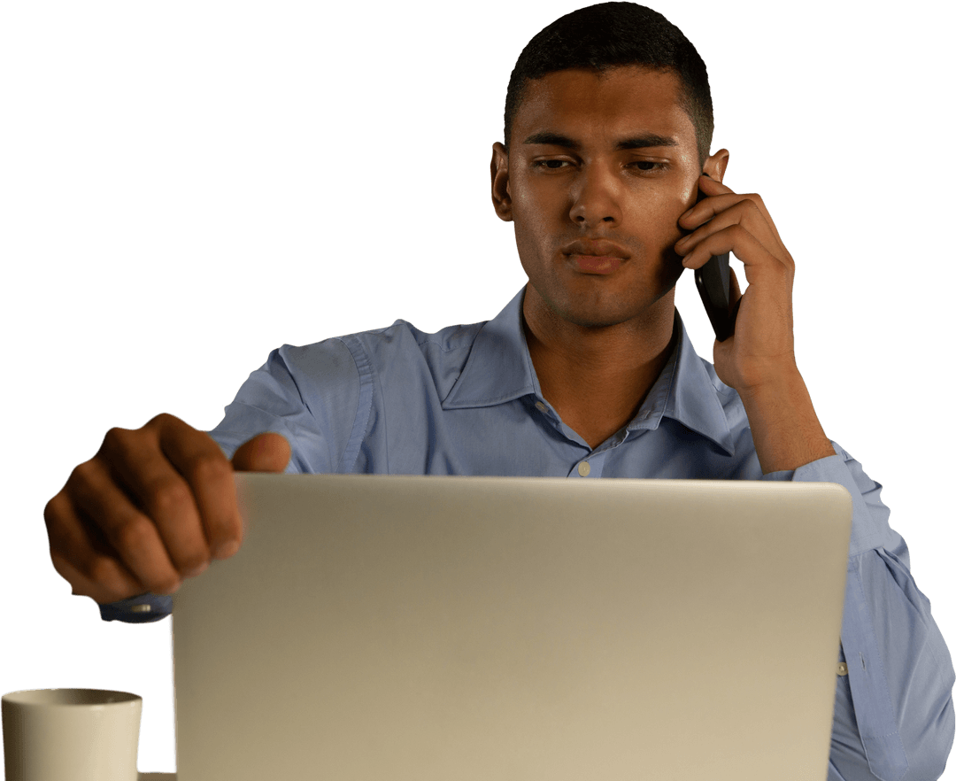 Transparent Portrait of Serious Man on Smartphone Working on Laptop