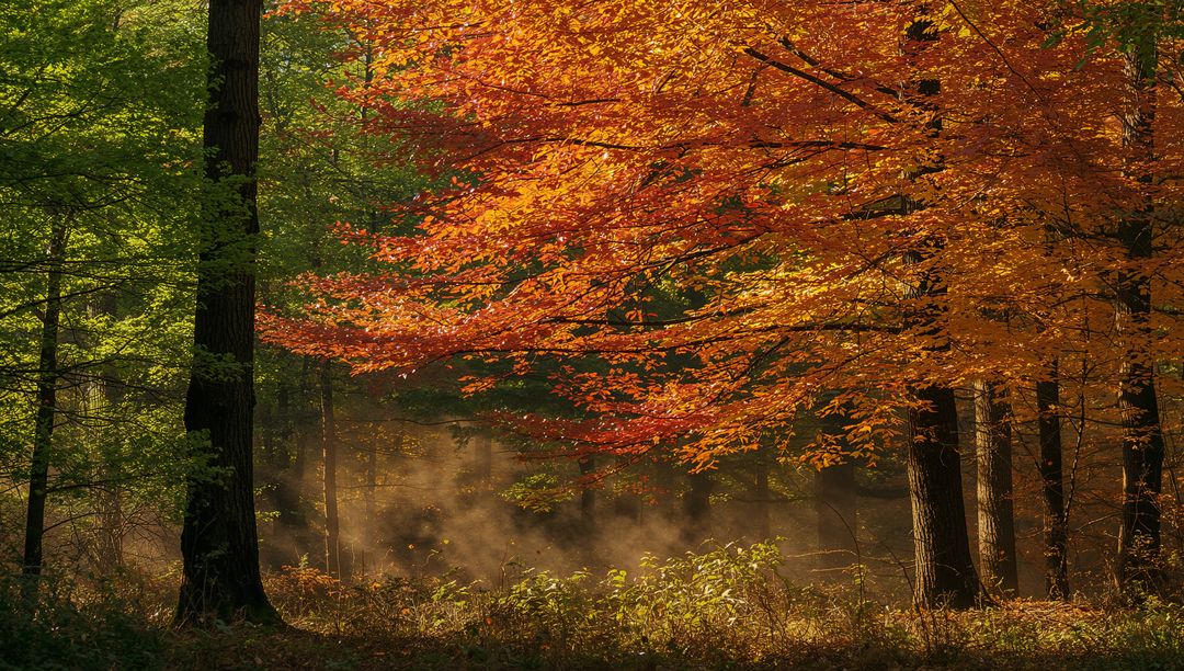 Misty Autumn Forest Featuring Vibrant Orange Tree