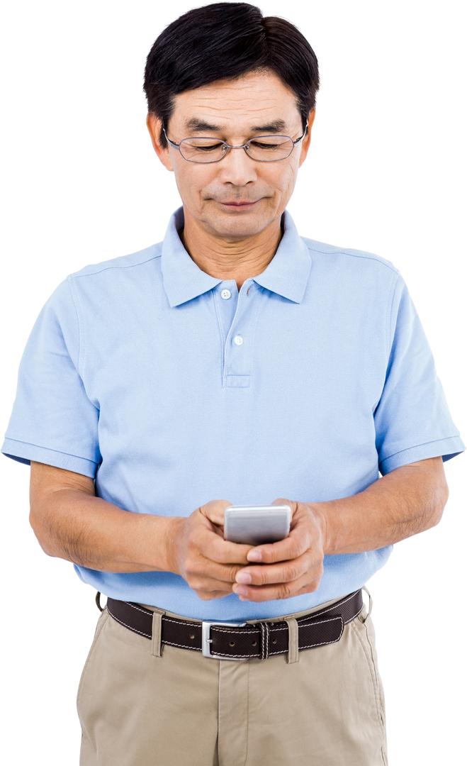 Asian man with eyeglasses using mobile phone, isolated on white background - Download Free Stock Images Pikwizard.com