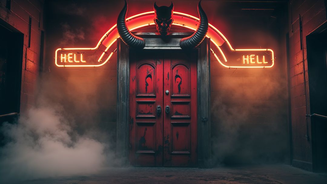 Atmospheric Gothic Corridor with Neon Hell Sign and Red Devil Door