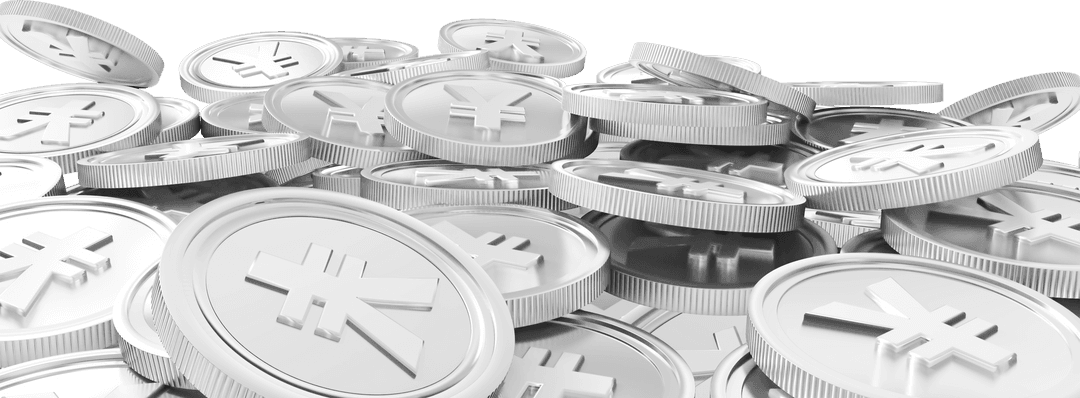 Piles of Silvery Yen Coins on Transparent Background