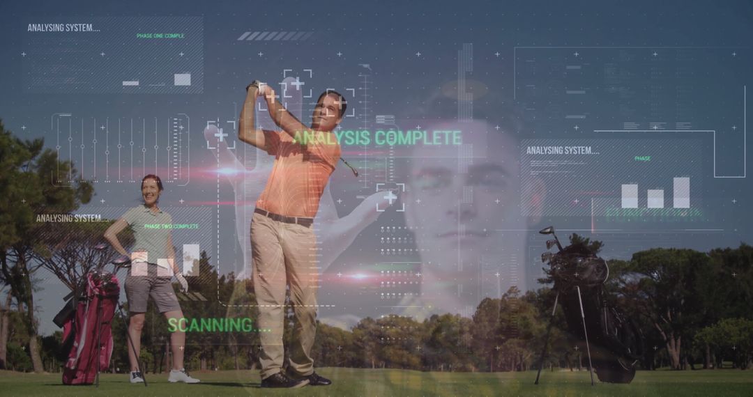 Golfer Analyzing Swing with High-Tech HUD on Vibrant Fairway