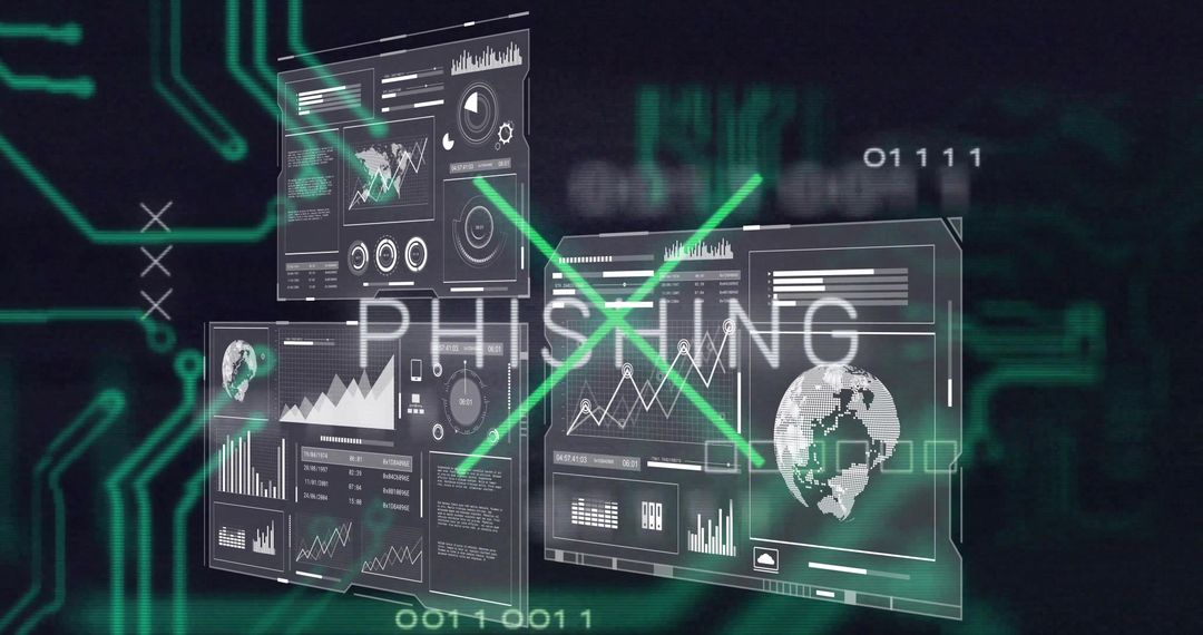 Blocking Phishing Threat with Neon Green X Over Floating Cyber Dashboards and Analytics