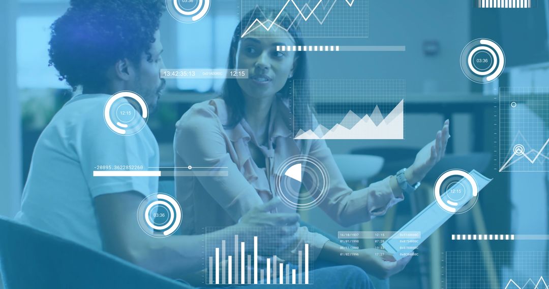 Financial Data Interface with Diverse Colleagues Discussing Business Strategies