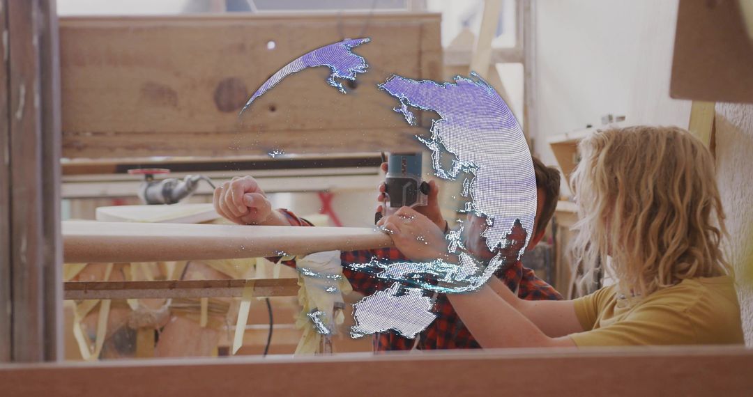 Collaborating on Wooden Rail Shaping and Measuring with Holographic Globe Decal Reflection