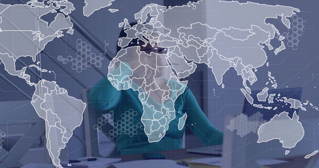 Professional Exploring Digital World Map with VR Headset in Modern Office