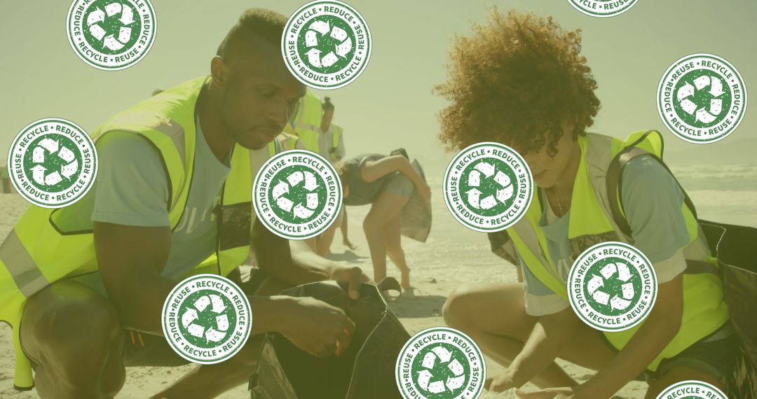 Diverse Volunteers Segregating Waste during Beach Cleanup