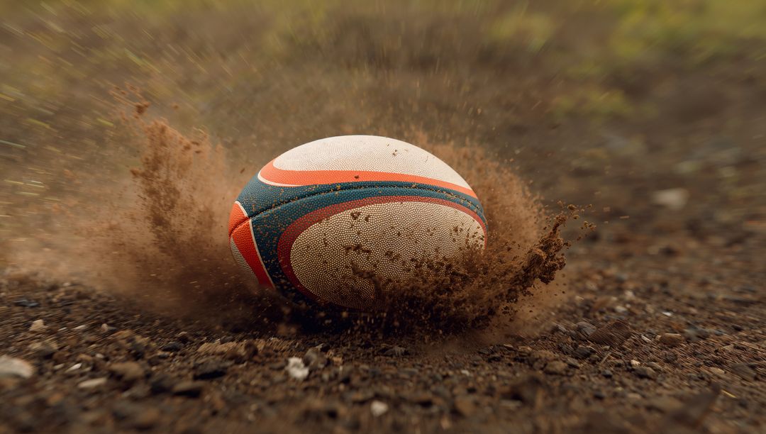 Rugby Ball Rolling on Dusty Field with Dynamic Energy