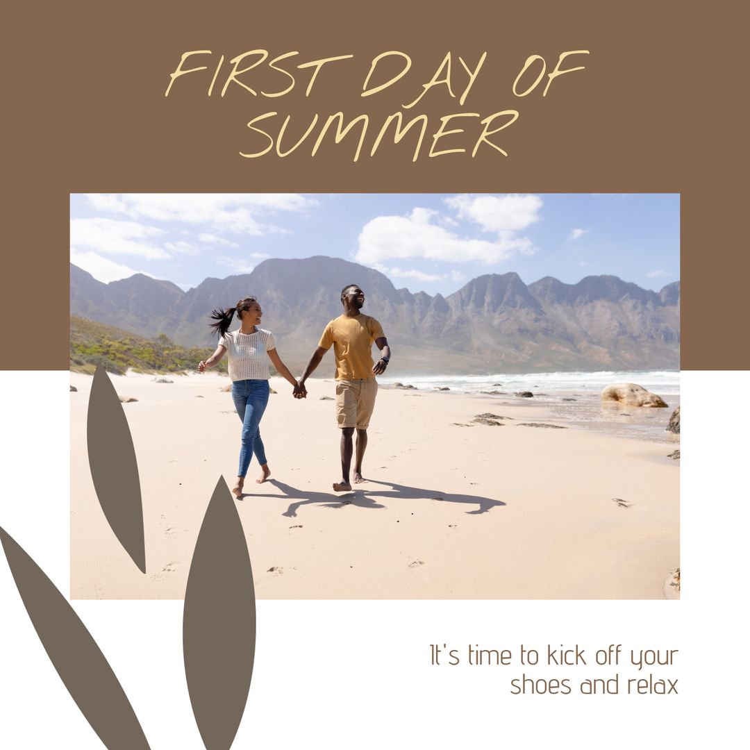 Diverse Romantic Couple Enjoying First Day of Summer Beach Walk