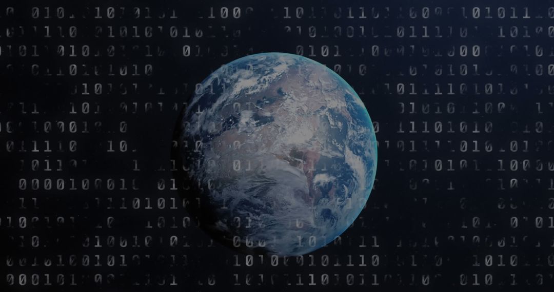 Earth Surrounded by Digital Binary Matrix Overlay