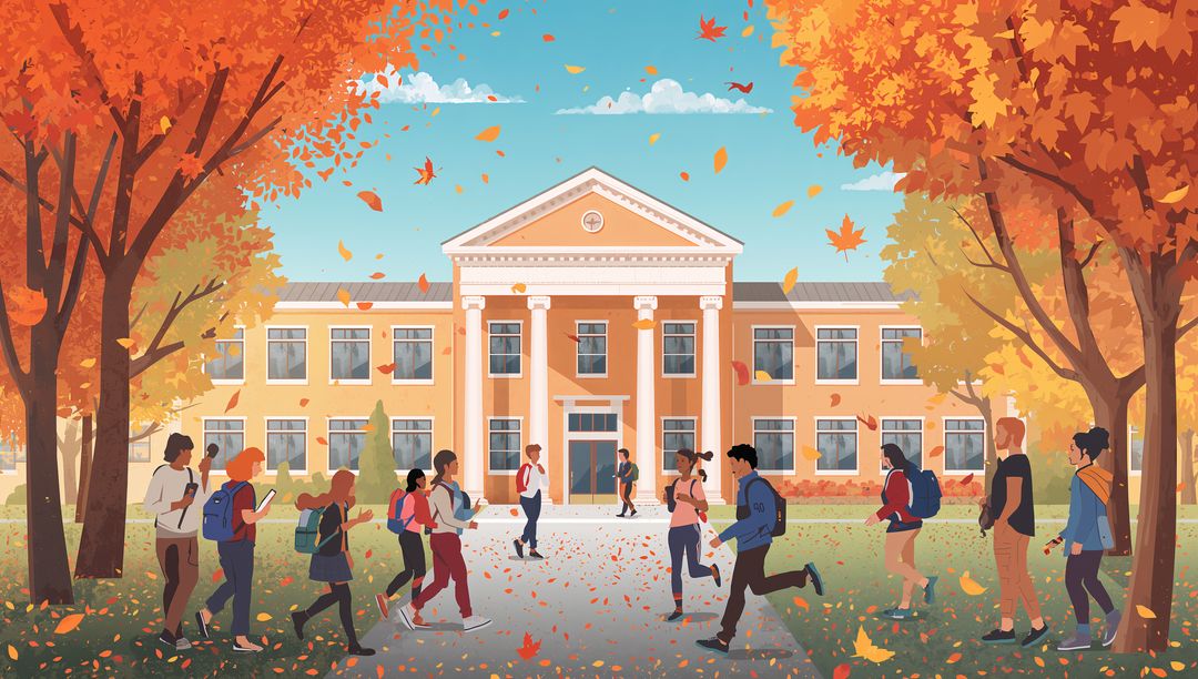 College Campus in Autumn with Students Enjoying Falling Leaves