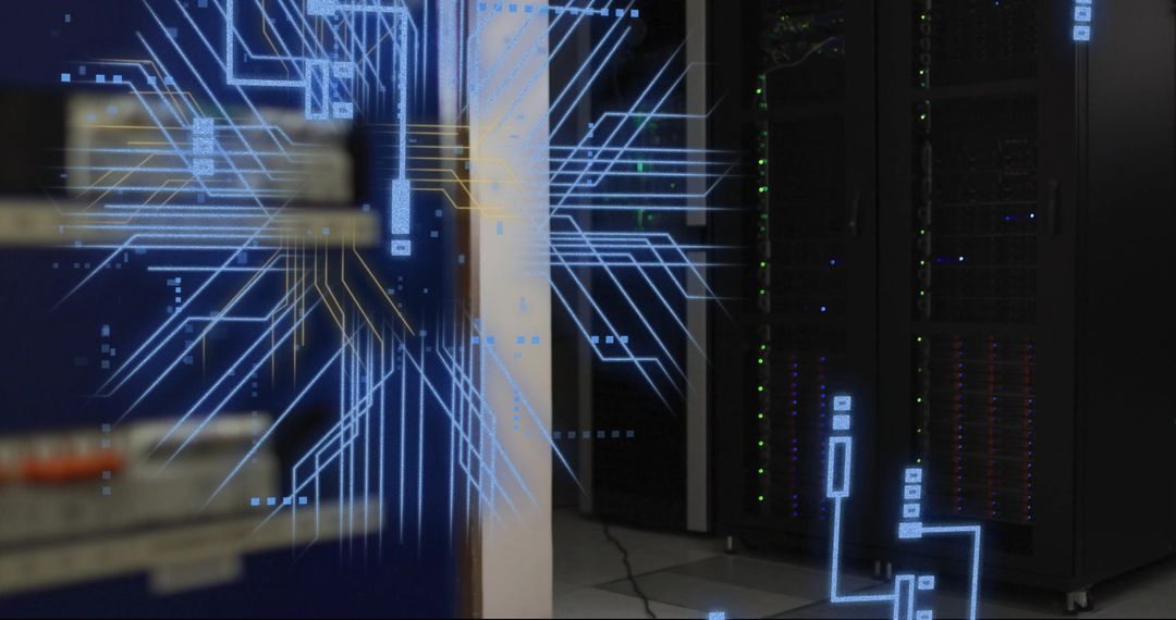 Digital Data Processing with Circuit Board Overlay in Server Room