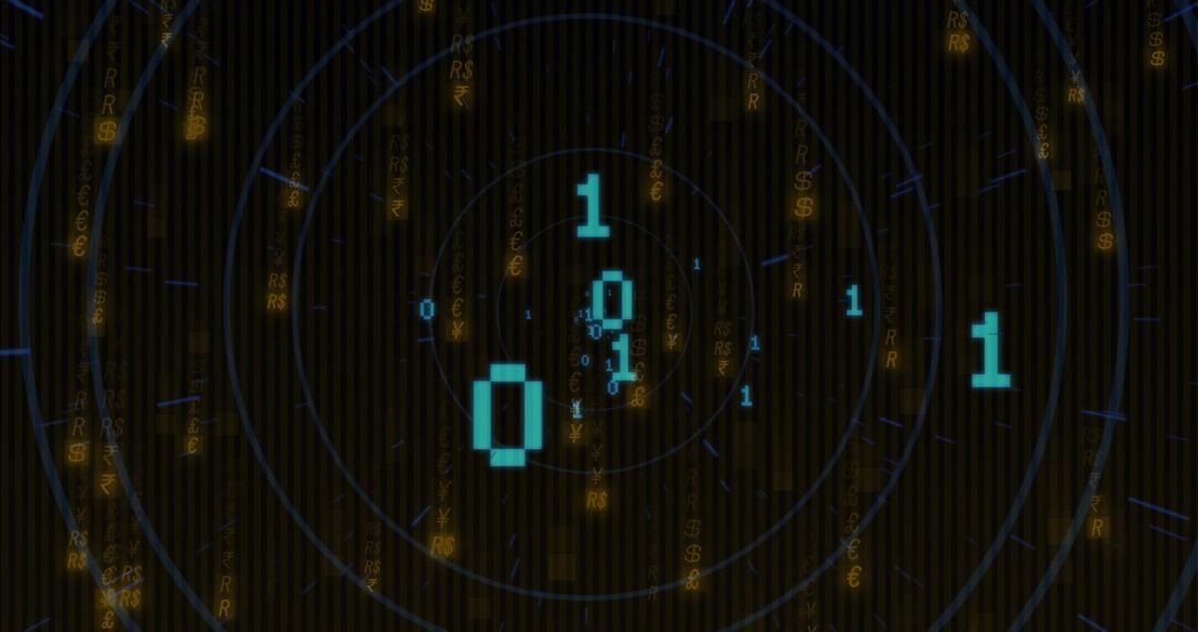 Binary Code and Currency Symbols Overlapping Digital Circles